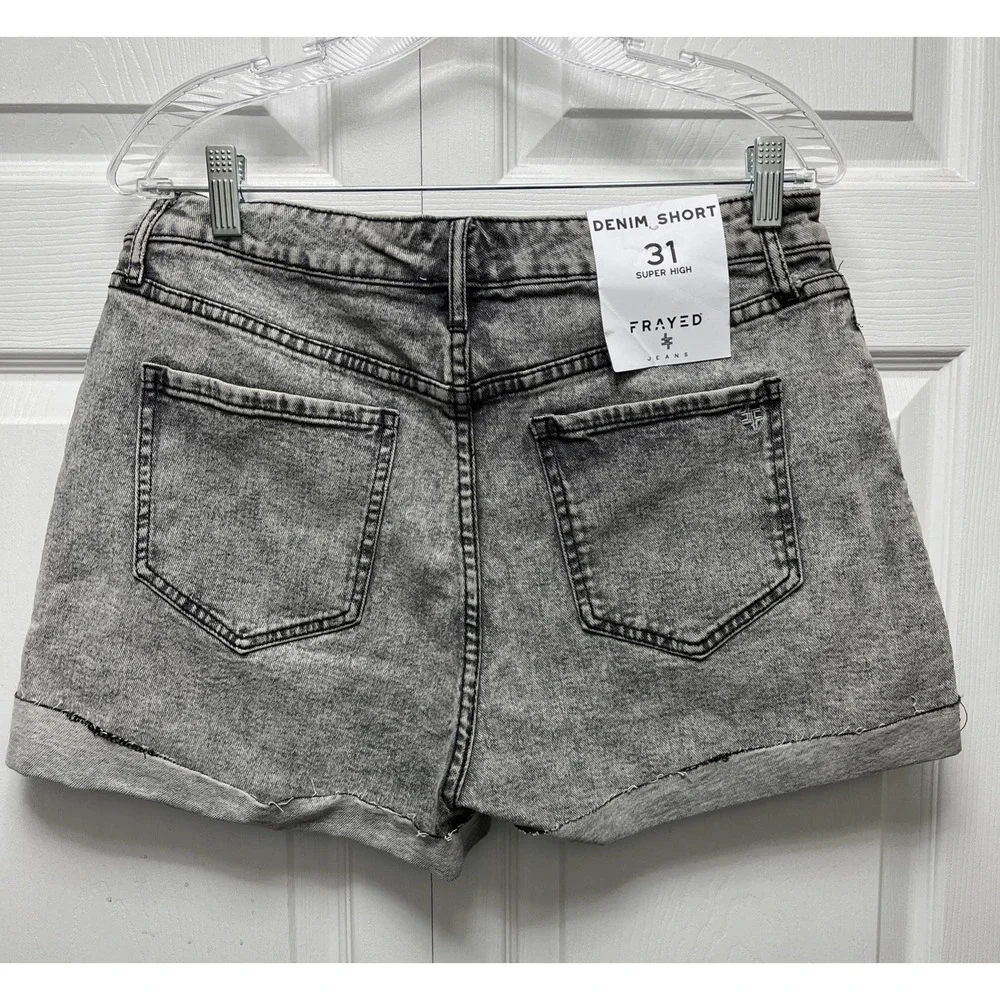 FRAYED Super High Rise Distressed Denim Rolled Cuff Shorts 31 stonewashed black
